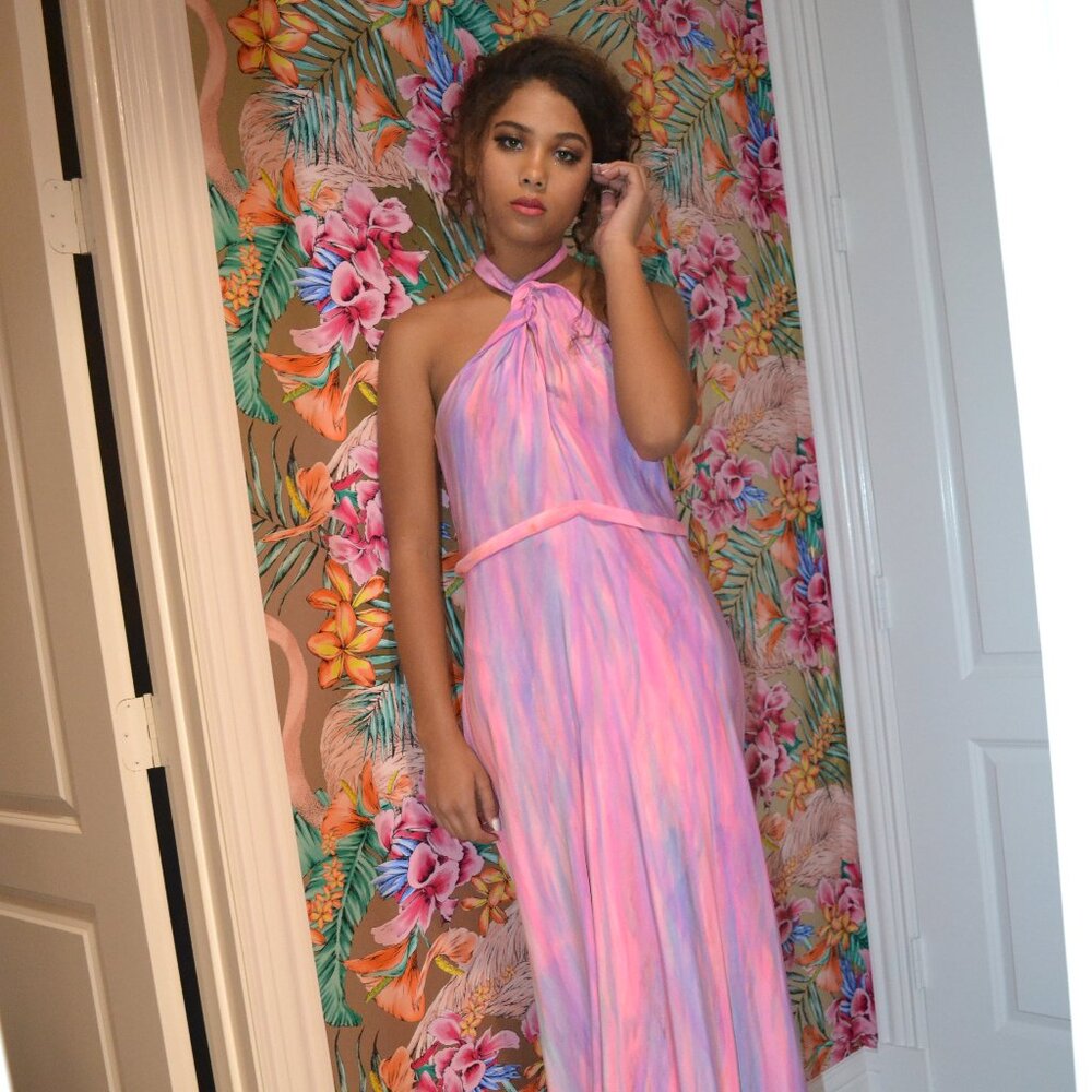 NEW painted long Maxi dress halter Silk Blue Pink Purple stripes 8 10 12 14 prom